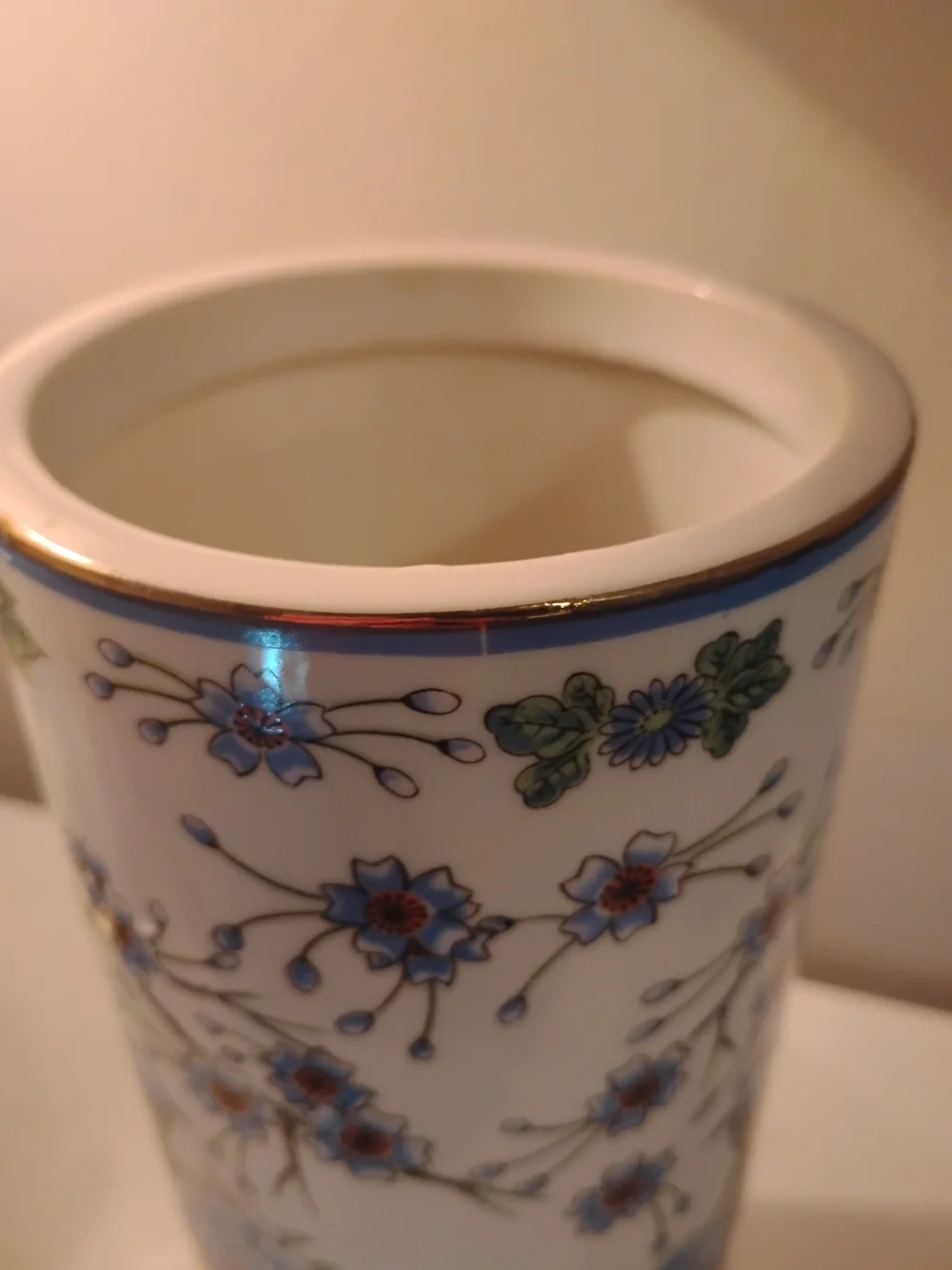 Vintage Japanese Porcelain Cylinder Vase Blue Peony & Pheasants Mid century 10